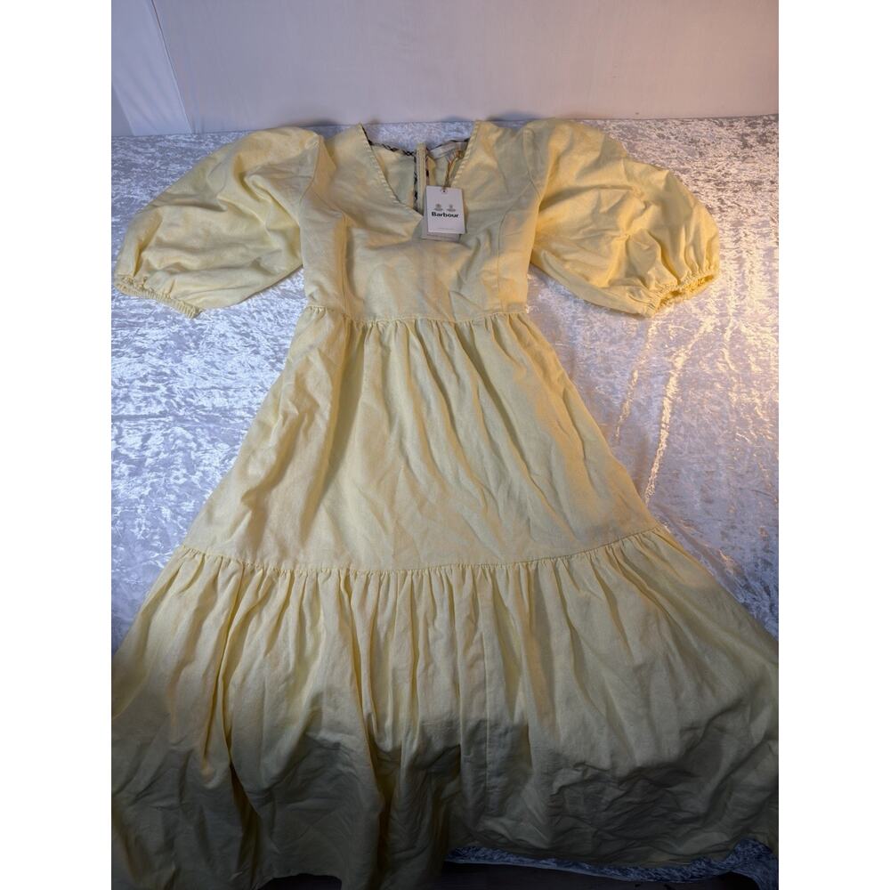 Barbour Yellow Linen‎ Midi Dress Puff Sleeve Tie Back Womens 10 NWT